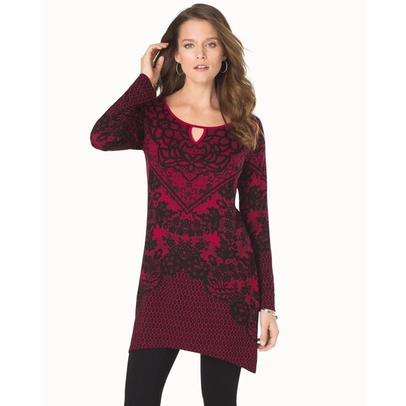 Soma Tops - Women's Soma Scarf Hem Tunic Crochet Lace Print Ruby Size L